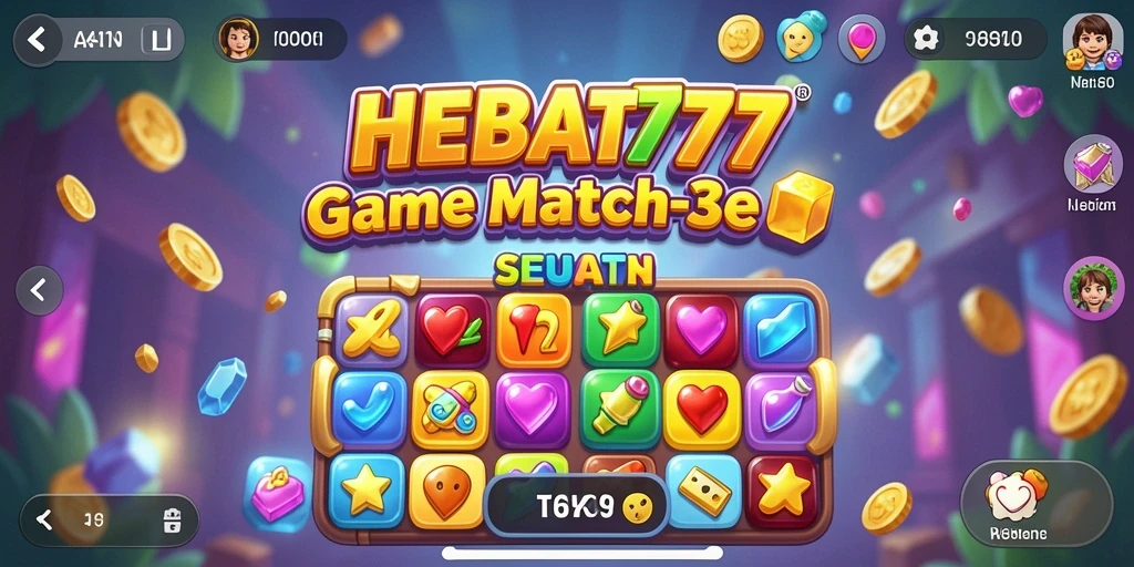 Screenshot gameplay HEBAT777 dengan elemen Match-3 yang berwarna-warni.