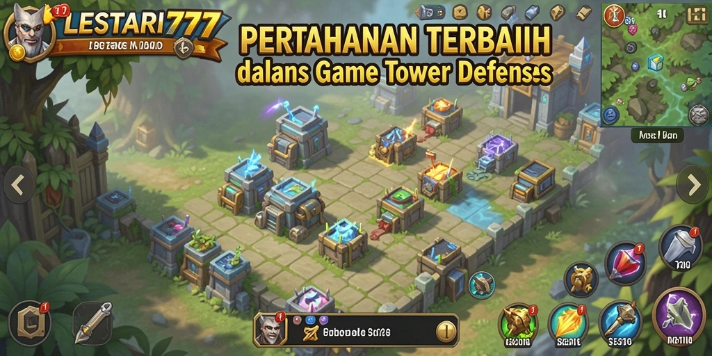 Tampilan gameplay LESTARI777 dengan menara yang siap mempertahankan wilayah.