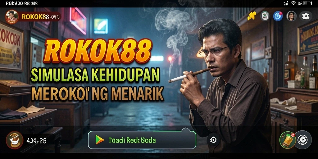 Tampilan gameplay ROKOK88 menampilkan karakter dengan rokok di tangan, latar belakang yang menarik.