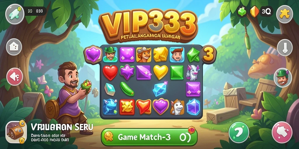 Tampilan gameplay Match-3 yang menarik dan penuh warna.